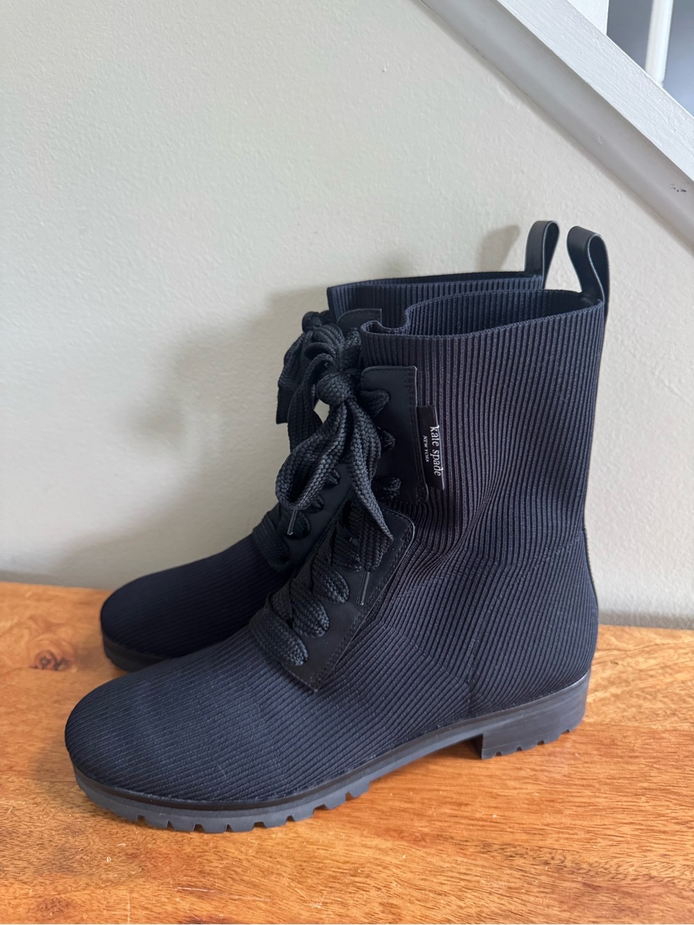 kate spade Black Ribbed Knit Lace-Up Ankle Boots